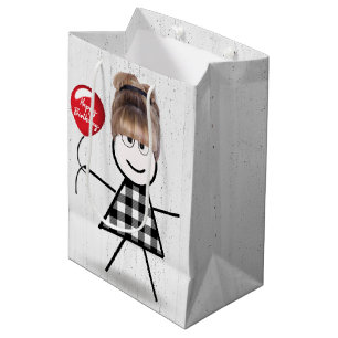 Sacola Para Presentes Média Birthday Stick Girl with Balloon on Wood