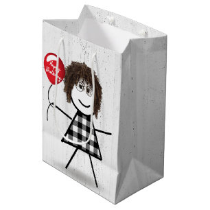 Sacola Para Presentes Média Birthday Stick Girl with Balloon on Wood