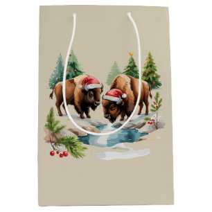 Sacola Para Presentes Média Bisão de Natal Búfalo Animal Ocidental Vida Selvag