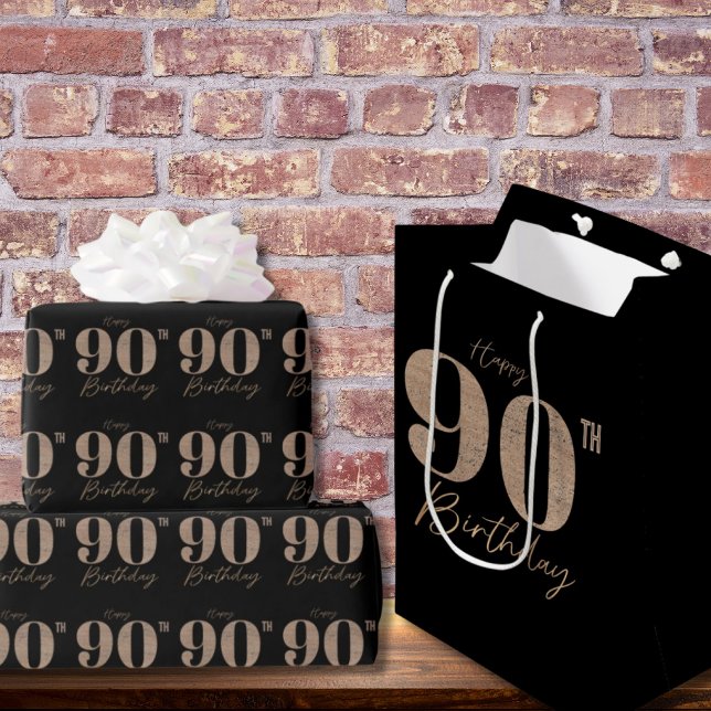 Sacola Para Presentes Média Black and Gold Glitter Numeral 90th Birthday  (Criador carregado)