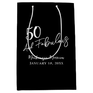 Sacola Para Presentes Média Black Fifty and Fabulous Script Birthday Party