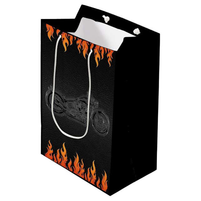 Sacola Para Presentes Média Black Leather Orange Flames Motorcycle Bikers Part (Frente inclinada)