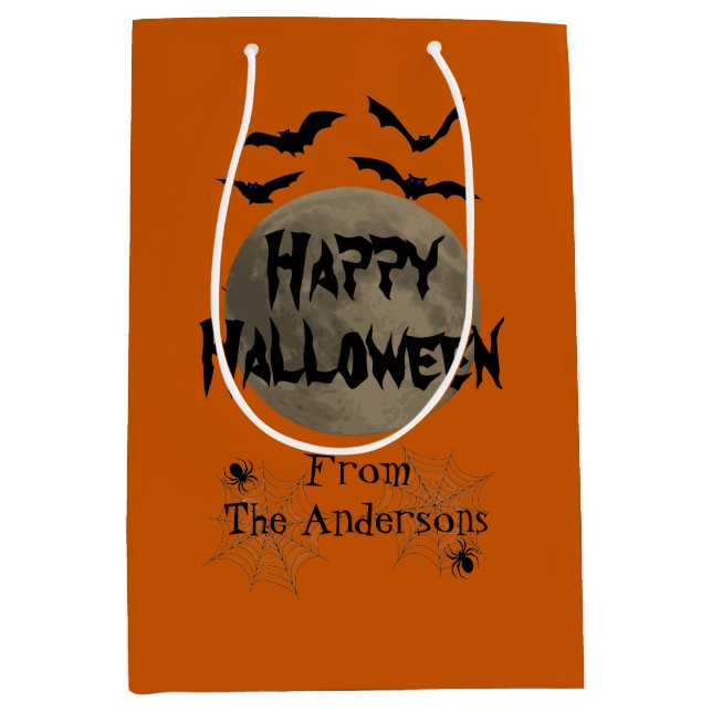 Sacola Para Presentes Média Black Orange Spooky Bats Spider Feliz Halloween (Frente)