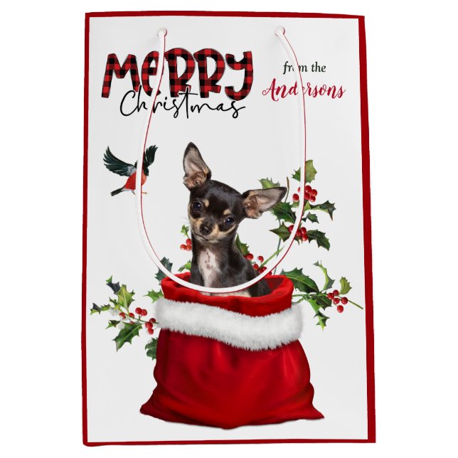 Sacola Para Presentes Média Black Tan Chihuahua Dog Natal (Frente)