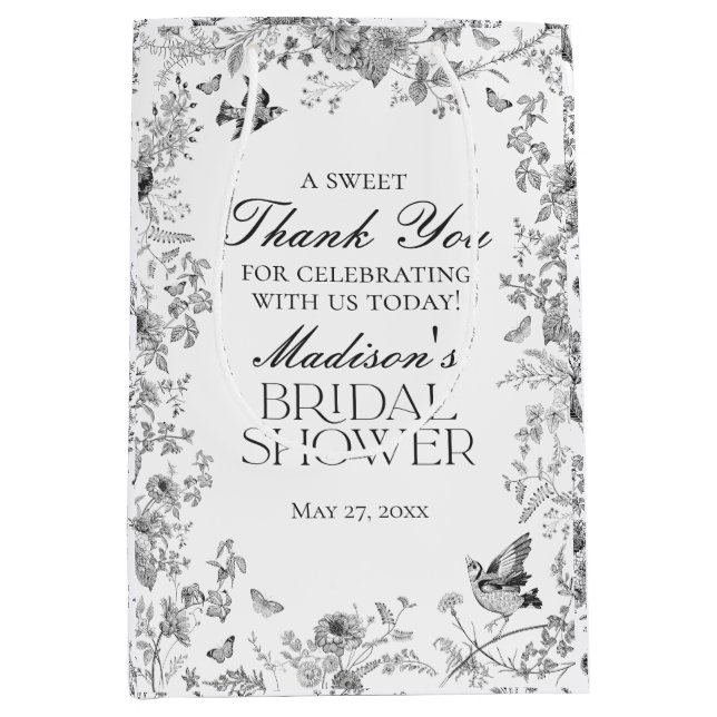 Sacola Para Presentes Média Black Toile De Jouy Bridal Shower Favors (Frente)