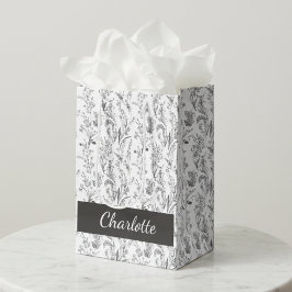 Sacola Para Presentes Média Black White Toile Floral Custom Name