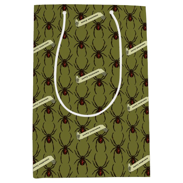 Sacola Para Presentes Média Black Widow Spider Halloween Pixel Art Pattern (Frente)