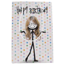 Sacola Para Presentes Média Bloco de aniversário com cabelo e óculos