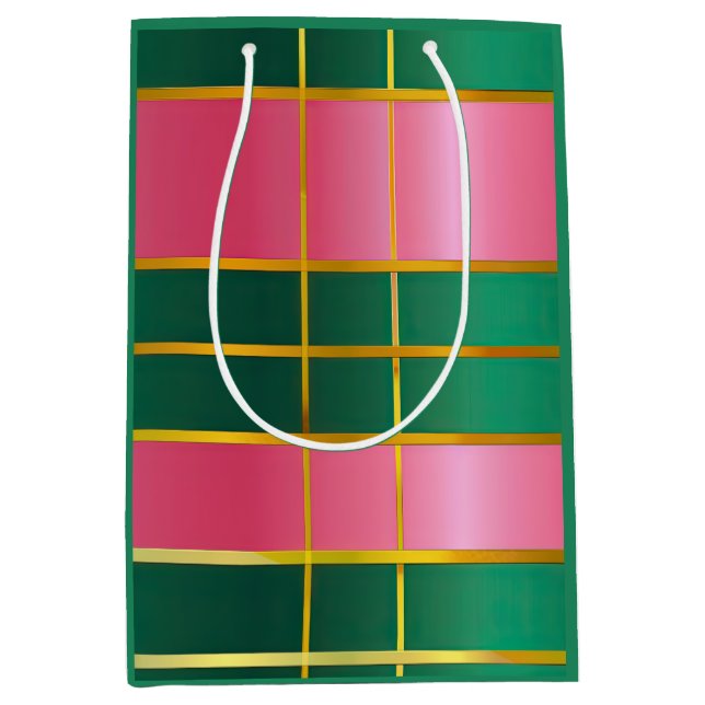 Sacola Para Presentes Média Bloco de Cores Festivas Rosa & Verde (Frente)