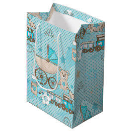 SACOLA PARA PRESENTES MÉDIA BLOCOS DE BOLAS AZUIS E TAN BABY BOY BEAR
