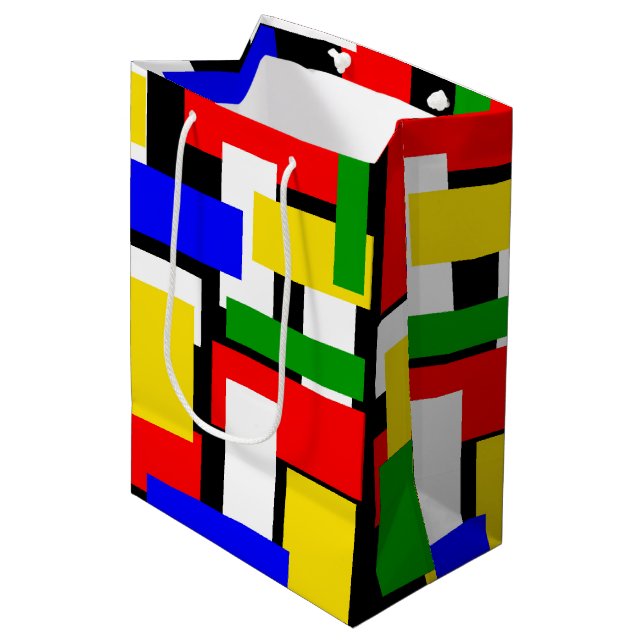Sacola Para Presentes Média Blocos vermelhos, amarelos, pretos, azuis e verdes (Frente inclinada)