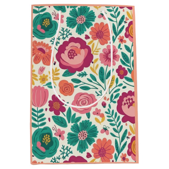Sacola Para Presentes Média Bloom & Bright: Folk-Art Floral Garden Pattern (Frente)