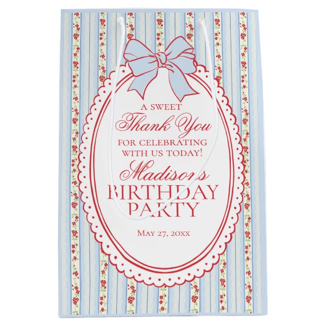 Sacola Para Presentes Média Blue and Red Vintage Fancy Floral Birthday Favors (Frente)
