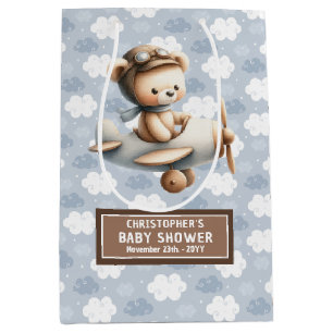 Sacola Para Presentes Média Blue Brown Watercolor Bear Chá de fraldas Favor Ba