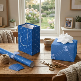 Sacola Para Presentes Média Blue Gift, White Polka Dots & Blue Bow Pattern