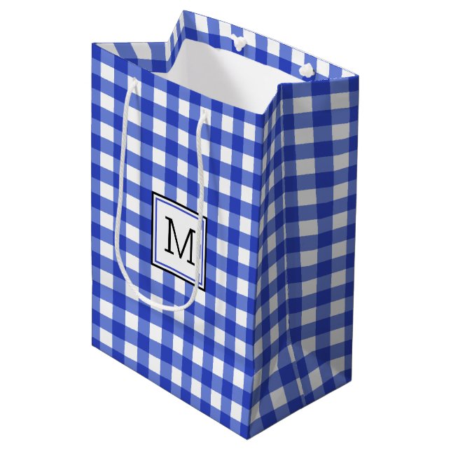 Sacola Para Presentes Média Blue Gingham Check Monograma Média Bag para Presen (Frente inclinada)