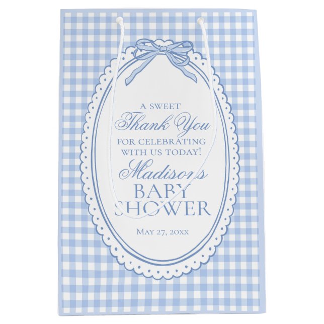Sacola Para Presentes Média Blue Gingham Coquette Bow Baby Shower Favors (Frente)