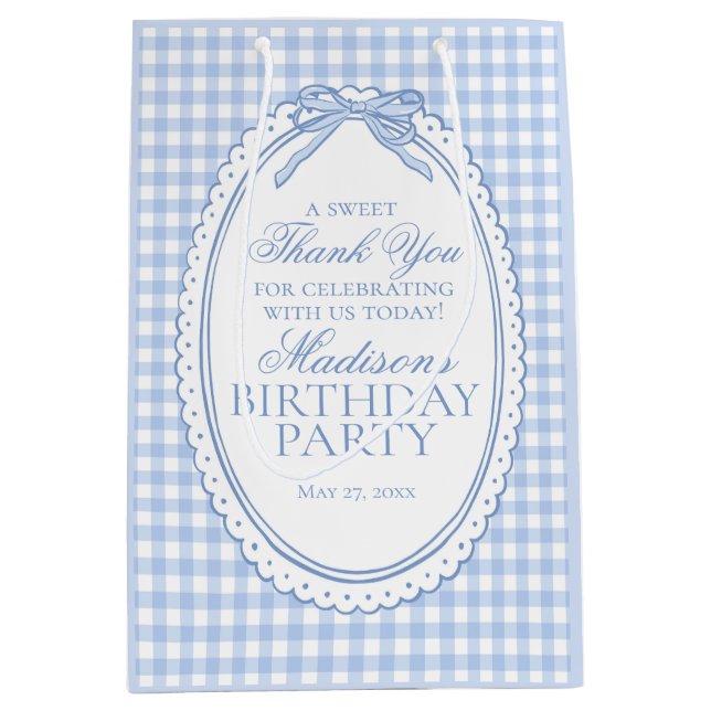 Sacola Para Presentes Média Blue Gingham Coquette Bow Birthday Party Favors (Frente)