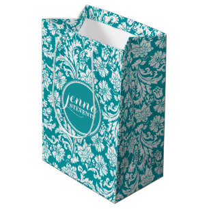Sacola Para Presentes Média Blue-Green & White Vintage Floral Damasks