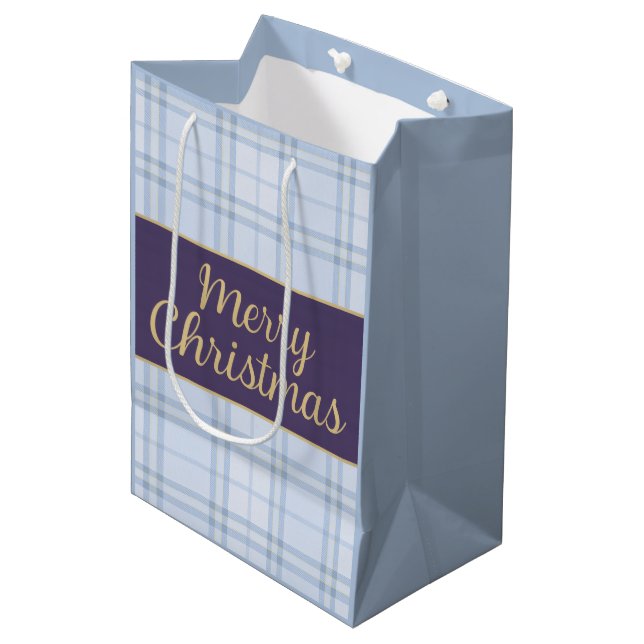 Sacola Para Presentes Média Blue Plaid Christmas Gift Bag • Luxe Plum & Gold • (Frente inclinada)