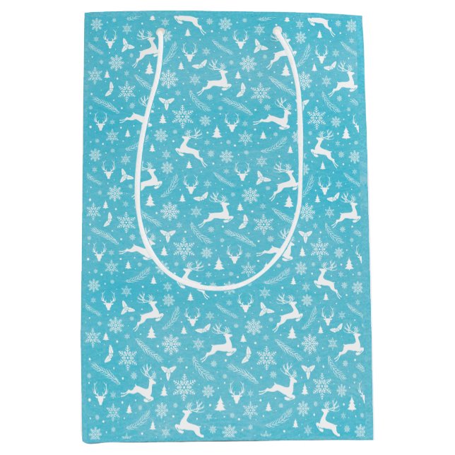 Sacola Para Presentes Média Blue Reindeer Pattere Feliz Natal Flocos de Neve (Frente)