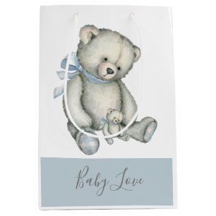 Sacola Para Presentes Média Blue Teddy Bear Vintage Watercolor Russo