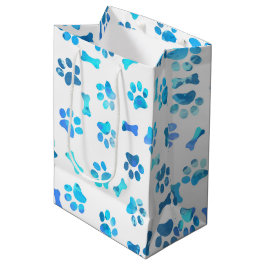 Sacola Para Presentes Média Blue Watercolor Paw Imprime Birthday Medium Gift B