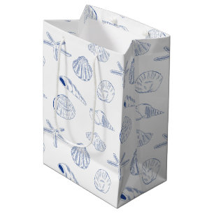 Sacola Para Presentes Média Blue White Mand Drawn Sea Shels Beach Summer