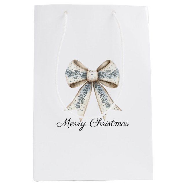 Sacola Para Presentes Média Blue White Nordic Cream Bow Christmas (Frente)