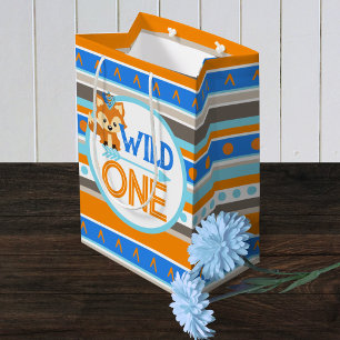 Sacola Para Presentes Média Blue Wild One Woodland Fox primeiro aniversario Gi