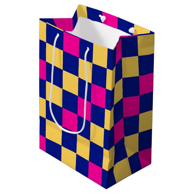 Sacola Para Presentes Média Blue Yellow Pink Checkered Pattern Design  (Frente inclinada)