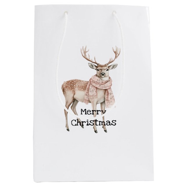 Sacola Para Presentes Média Blush Pink Cream Deer Christmas (Frente)