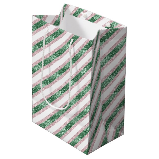 Sacola Para Presentes Média Blush Pink Green Glitzy Stripes Christmas (Frente inclinada)