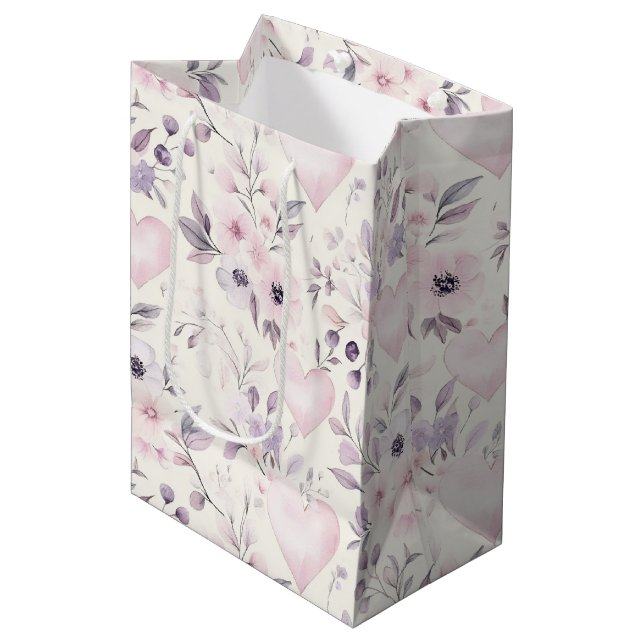 Sacola Para Presentes Média Blush Pink Hearts Purple Flowers Birthday (Frente inclinada)