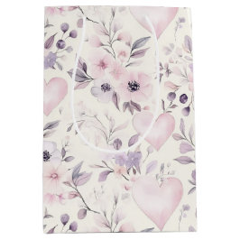 Sacola Para Presentes Média Blush Pink Hearts Purple Flowers Birthday