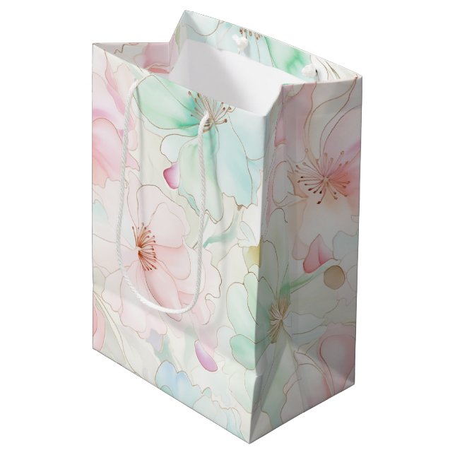 Sacola Para Presentes Média Blush Pink Mint Flowers Birthday (Frente inclinada)