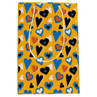 Sacola Para Presentes Média Bohemian Mustard Yellow and Blue Whimsical Hearts