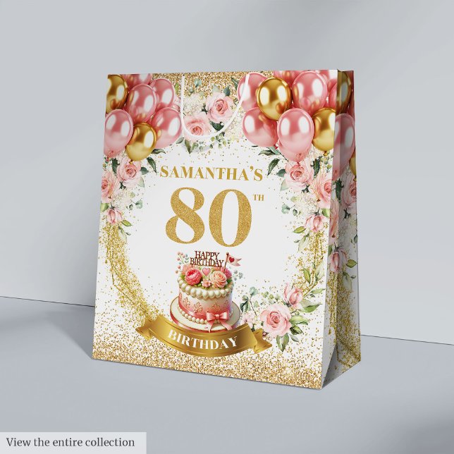 Sacola Para Presentes Média Boho Blush Florals 80 Celebração de Aniversário (Boho Blush Florals 80th Birthday Celebration Medium Gift Bag)