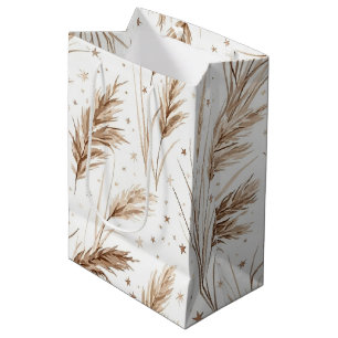 Sacola Para Presentes Média Boho Grama Pampas Bege Marrom Padrão de Estrela (1