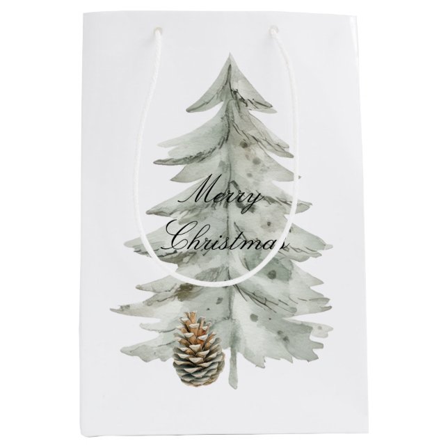 Sacola Para Presentes Média Boho Green Christmas Trees Pine Cones (Frente)