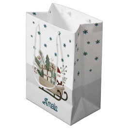 Sacola Para Presentes Média Boho Papais noeis em Sleigh com Dons Snowflakes Na