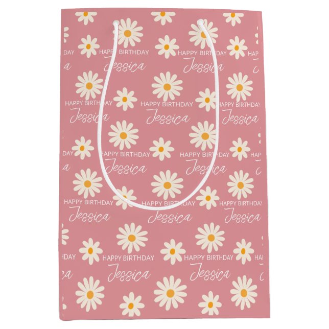 Sacola Para Presentes Média Boho retro desert daisy personalizou aniversário (Frente)