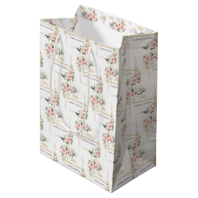 Sacola Para Presentes Média Boho rosa ouro verde Quinceañera Gift Bag (Frente inclinada)