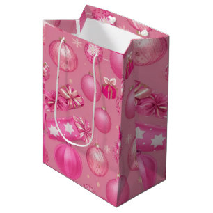 Sacola Para Presentes Média Bola de Natal com brilho rosa