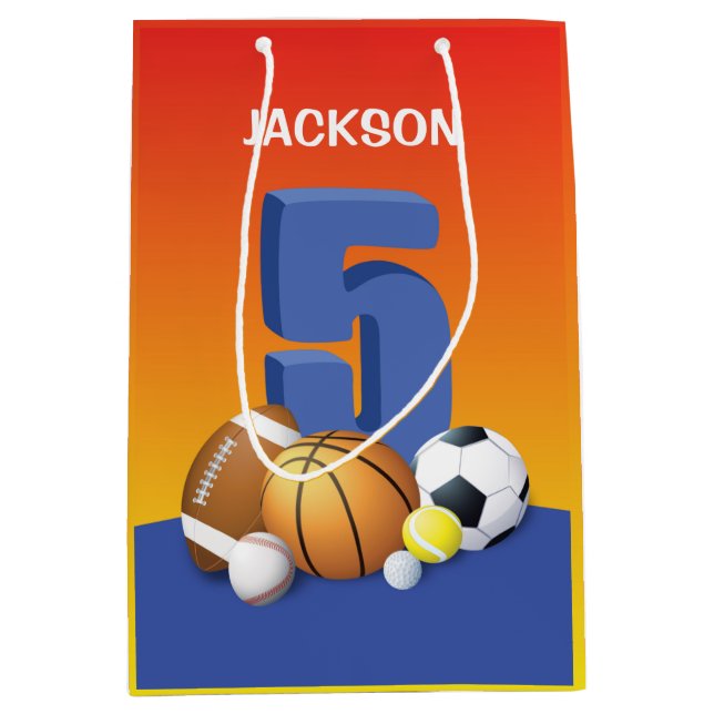 Sacola Para Presentes Média Bolas de Esportes de Aniversário 5 (Frente)