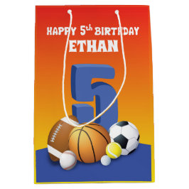 Sacola Para Presentes Média Bolas de Esportes de Aniversário do 5 de Menino de