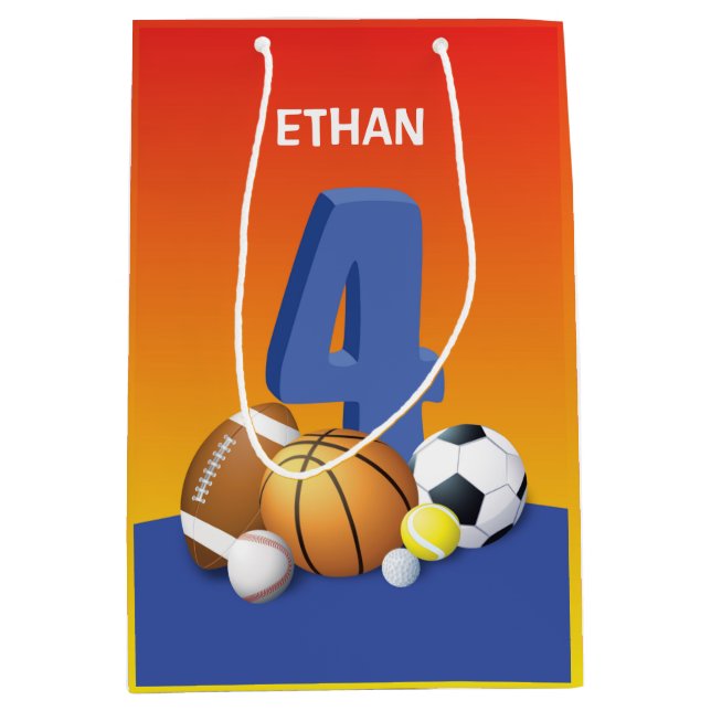 Sacola Para Presentes Média Bolas de Esportes de Quarto Aniversário (Frente)
