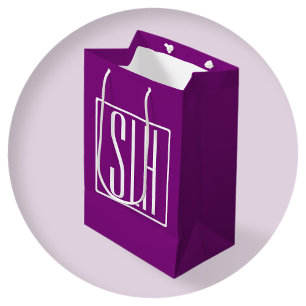Sacola Para Presentes Média Bold Modern 3 Iniciais Monograma Branco e Roxo
