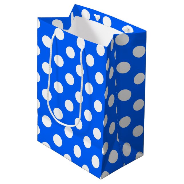 Sacola Para Presentes Média Bolinhas brancas de azul real (Frente inclinada)