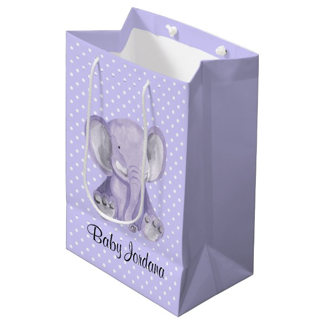 Sacola Para Presentes Média Bolinhas de Design de elefante roxo e cômoda (Frente inclinada)